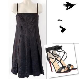 DESIGNER DERERCUNY BLACK STITCHED FLOWER PRINT PLEATED DRESS SZ 44 / 8 $800